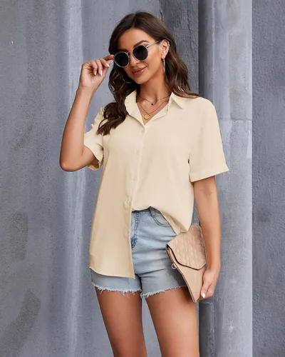Miniatura 2 de YAMANMAN Women's Button Down Shirt Work Short Sleeve Collared Blouse Classic Loose Tops Office Chiffon Blouse