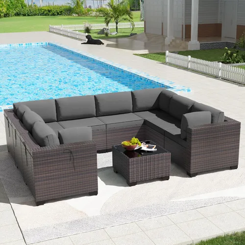 Miniatura 80 de Kullavik Juego de 13 muebles de patio al aire libre con mesa de fogata de gas propano de 43 pulgadas, 55000 BTU, mimbre de polietileno, sofá Arena
