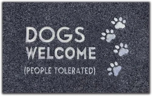 Assaoy Tapete para puerta de exterior con texto en inglés "Dogs Welcome People", divertido tapete bordado negro para entrada, para interiores y Perro