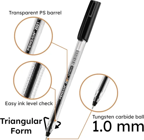 Miniatura 5 de PENSAN - Paquete de 250 bolígrafos de bola, (125 negros y 125 azules) - Bolígrafos de 1.0 mm de punta media, agarre ergonómico triangular, escritura