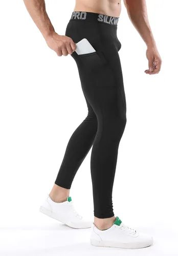 Miniatura 9 de SILKWORLD Paquete de 1 a 3 pantalones de compresión para hombre, con bolsillos, leggings de gimnasio y secado fresco