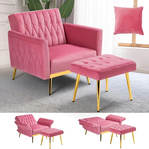 Miniatura 13 de Silla de terciopelo Accent con apoyabrazos y respaldo ajustables, sillón de ocio con botones acolchados, sillón reclinable individual con otomano