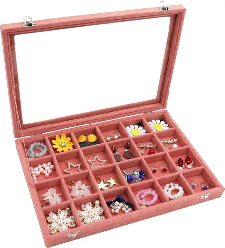 Wudygirl Organizador de joyas, bandeja de terciopelo para joyas, caja de joyería de 24 rejillas con tapa, apilable, almacenamiento de joyas,