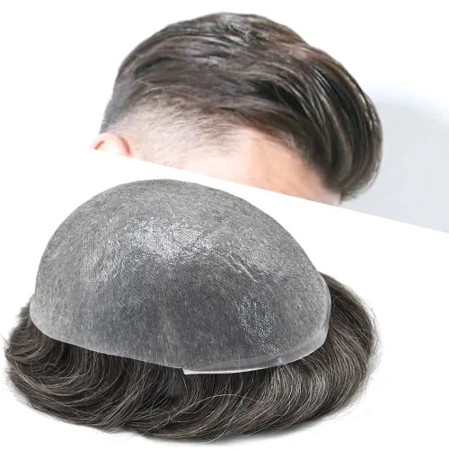 Miniatura 50 de Tupé para hombre, extensiones de cabello humano Remy para hombre, piel fina, 0.002 in, sistema de reemplazo de cabello con bucle en V para hombres