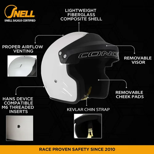Miniatura 2 de Conquer Snell SA2025 - Casco de carreras de auto de cara abierta aprobado - Adulto Hombres Mujeres Jóvenes - (Negro / Blanco / Plata)