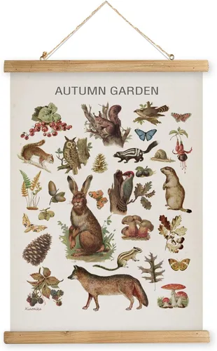 XIAOAIKA Póster de Fauna y Flora de Jardín de Otoño - Gráfico Vintage Ilustrado de Fauna y Flora de Temporada con Marco de Madera - Arte de Pared
