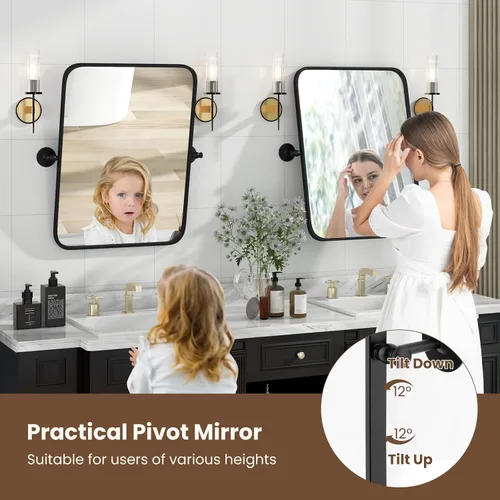 Miniatura 8 de Tangkula Espejo pivote de 30 x 22 pulgadas, espejo de baño inclinable con película inastillable, soportes de pared, espejo enmarcado para montaje