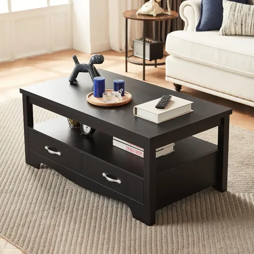 Miniatura 2 de LINSY HOME Mesa de centro de granja con almacenamiento, mesa de centro de madera para sala de estar, área de exhibición abierta y cajones