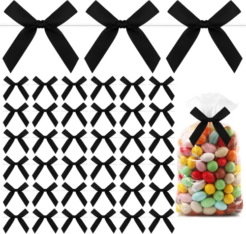 Miniatura 10 de Mini lazos negros para envoltura de regalos, 30 piezas de lazo negro para bolsas de golosinas, lazos pequeños de cinta de satén para Halloween