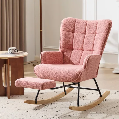 Furniliving - Mecedora moderna tapizada para cuarto de bebé, silla de lectura con reposapiés retráctil, silla acentuada con respaldo alto, base de