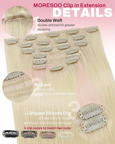 Miniatura 4 de Moresoo Extensiones de cabello humano Remy con clip, color rubio platino, extensiones de cabello humano real de doble trama, color rubio #60, 18