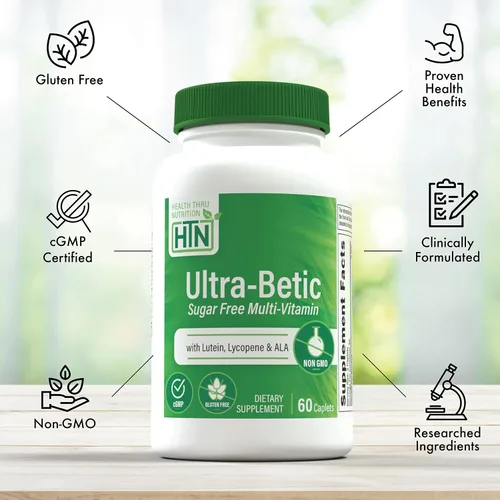 Miniatura 4 de Health Thru Nutrition Ultra-Betic Multivitamínico 60 unidades Apoya el nervio, la visión, la energía con ALA, licopeno Sin OMG, etiqueta
