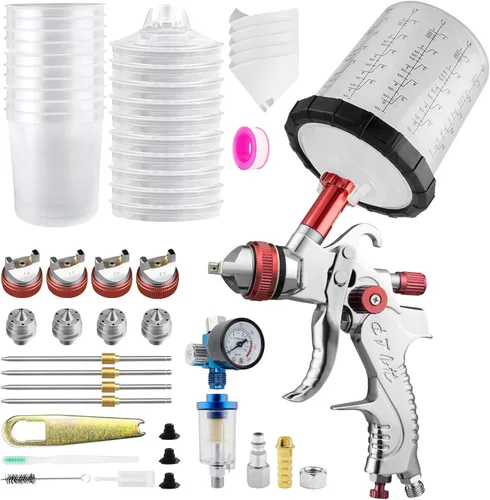 HVLP - Kit de pistola de pulverización, boquillas de 0.06/0.06/0.09 pulgadas con taza mezcladora de 2.5 onzas líquidas y 10 vasos desechables, Rojo