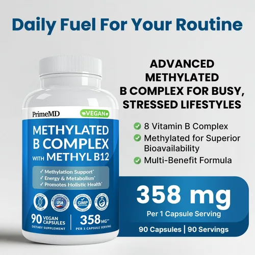 Miniatura 2 de Complejo B metilado con metilfolato y B12 metilcobalamina 1000 mcg - Multivitamínico metilado para energía, función cerebral y bienestar - Complejo
