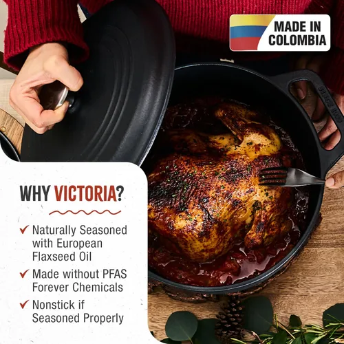 Miniatura 2 de Victoria - Horno holandés grande de hierro fundido con tapa y asas dobles. Olla de 6.6 litros sazonada con aceite de linaza 100% certificado Kosher