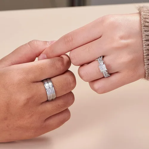 Miniatura 5 de Newshe Jewellery Juego de anillos de boda para él y ella, AAAAA, circonita cúbica para mujeres y hombres, anillos de tungsteno de plata de ley 925