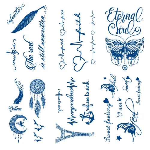 Tatuajes temporales semipermanentes de palabras en inglés, 6 hojas, 2 semanas de duración, impermeables, tatuajes de palabras en inglés, 100% tinta