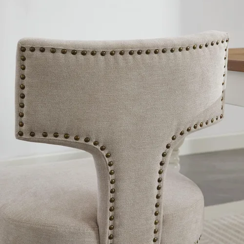 Miniatura 8 de SoarFlash Juego de 2 sillas de comedor modernas de madera, silla tapizada de tela de lino de granja, respaldo curvado con clavos de cobre alrededor
