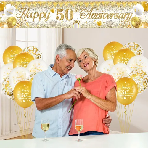 Miniatura 5 de Decoraciones de aniversario de boda de 50 años, pancarta de feliz 50 aniversario de oro blanco y 18 globos dorados de aniversario de boda 50