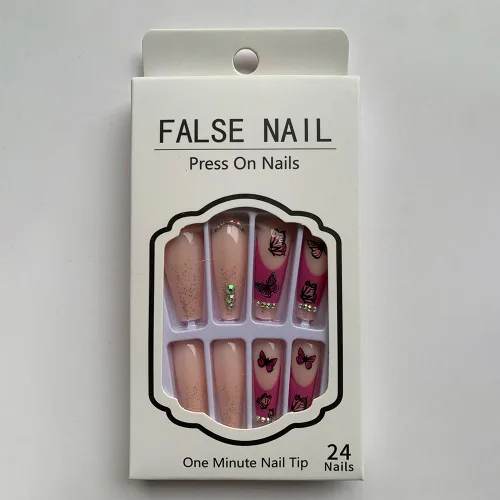 Miniatura 6 de 24 uñas acrílicas a presión, uñas postizas largas con diseños de mariposa rosa, diamantes de imitación, polvo de purpurina, punta francesa