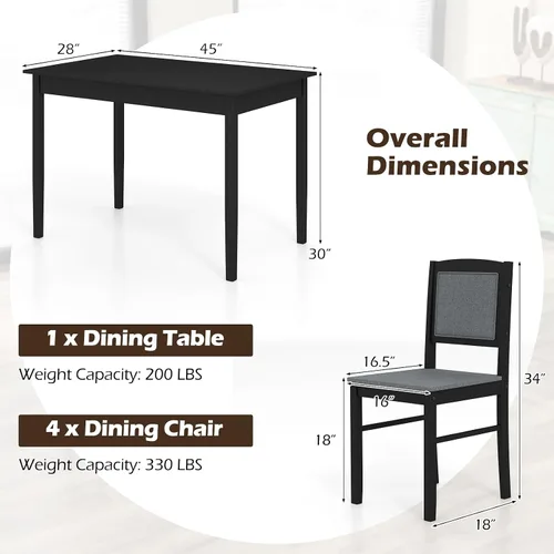 Miniatura 5 de Tangkula - Juego de mesa de comedor para 4, juego de comedor de madera maciza estilo granja con patas de madera de goma, asiento tapizado y respaldo