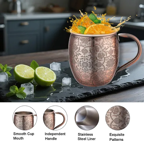 Miniatura 2 de UNISWEET Moscow Mule - Tazas de 18 onzas chapadas en cobre fina artesanía, tazas grabadas con acero inoxidable 304, para bebidas frías, cerveza, 1