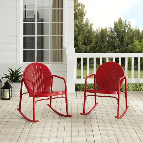 Miniatura 8 de Crosley Furniture Griffith - Juego de 2 mecedoras de metal retro para exteriores, para porche, terraza, balcón, patio trasero, rojo brillante