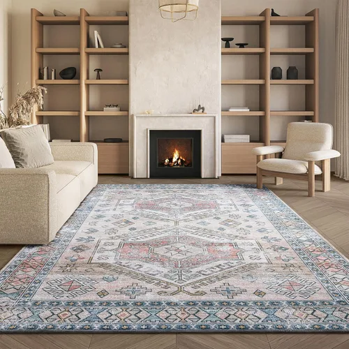 Miniatura 9 de SAFAVIEH Tucson Collection - Alfombra lavable de 2 pies 6 pies x 8 pies, beige y verde, antideslizante y fácil de limpiar, ideal para pasillo