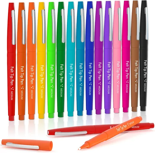 Lelix Bolígrafos de Punta de Fieltro, 15 Colores, Punta Media de Fieltro de 1/32" (0.7 mm), Marcadores de Punta de Fieltro para Diario, Escritura,