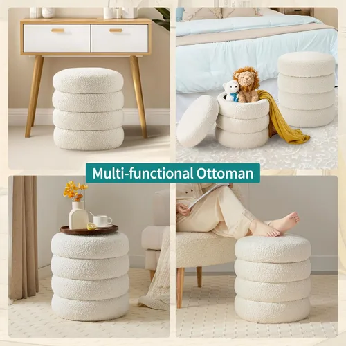 Miniatura 6 de Busaurus Otomana Redonda con Almacenamiento para Sala de Estar Pequeño Taburete de Bouclé Reposapiés Moderno Tapizado Taburete de Tocador Otomana