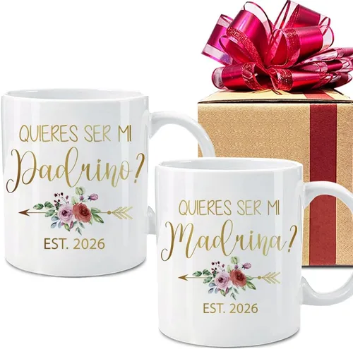 Dnuiyses Quieres Ser Mi Madrina & Quieres Ser Mi Padrino 2026 - Juego de tazas con diseño de lámina dorada Padrinos Bautizo Recuerdos Juego Tazas,