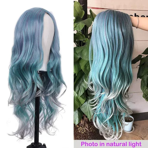 Miniatura 2 de Lady Miranda Peluca de cabello sintético de alta densidad con ondas de cuerpo gris mezclado, de color azul, de alta densidad, resistente al calor