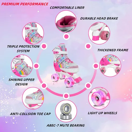 Miniatura 3 de Patines de ruedas Nattork para niños y niñas, patines cuádruples ajustables en 4 tallas para niños con ruedas iluminadas, genial regalo de Rosa
