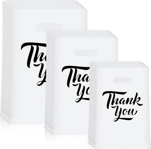 Jeyiour 300 bolsas de mercancía de agradecimiento de 3 tamaños, bolsas de compras para negocios con asas, regalo de agradecimiento, bolsas de Blanco