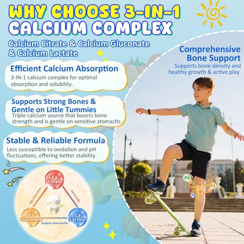 Miniatura 3 de Gomitas de calcio para niños + D3 y magnesio para mayores de 4 años, con citrato de calcio, gluconato de calcio, lactato de calcio, probióticos