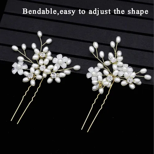 Miniatura 3 de Elegantes horquillas para el pelo de boda con perlas, accesorios de cristal floral flexibles para mujeres nupciales, paquete de 3 (dorado)