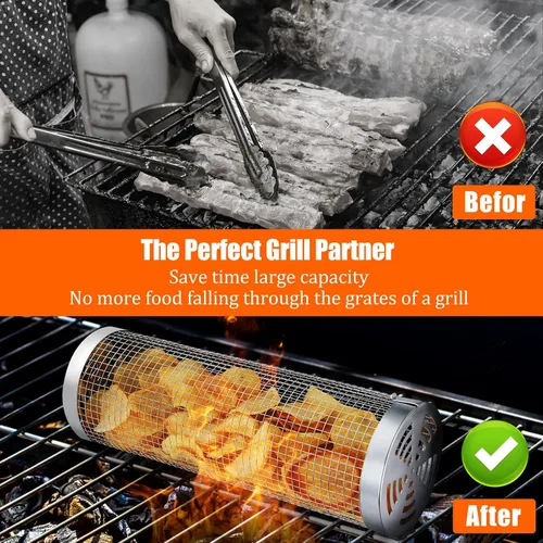 Miniatura 3 de Juego de barbacoa de 10 piezas: 2 cestas de parrilla enrollables para voltear sin esfuerzo, acero inoxidable 304 para una fácil limpieza, salchichas