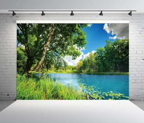 Miniatura 6 de Telón de fondo de paisaje de parque de poliéster de 6 x 4 pies con río azul agua y árbol bosque jardín cielo azul picnic al aire libre primavera