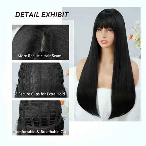 Miniatura 4 de Peluca larga negra con flequillo, pelucas lacias color negro mate natural para mujer, resistente al calor, peluca sintética con flequillo