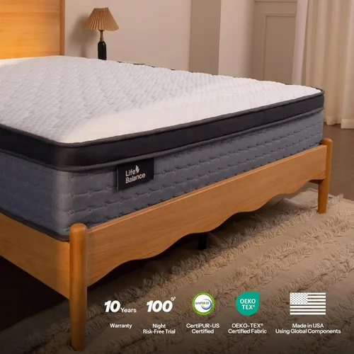 Miniatura 9 de Colchón híbrido completo de 10 pulgadas, fabricado en Estados Unidos, capa superior hipoalergénica, espuma viscoelástica de gel refrescante