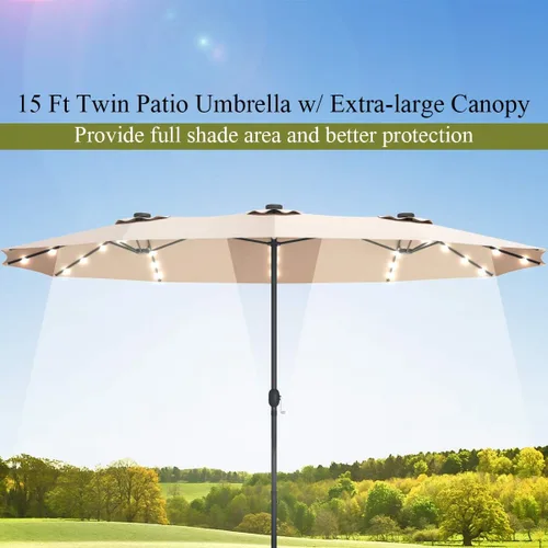 Miniatura 7 de Tangkula Sombrilla solar de patio de 15 pies con base, sombrilla individual extragrande de doble cara para exteriores con 36 luces LED y manivela