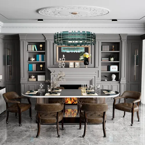 Miniatura 50 de Juego de 8 sillas de cuero de comedor con ruedas y brazos, silla de capitán Accent con ruedas, sillas de madera con ruedas enrollables para cocina