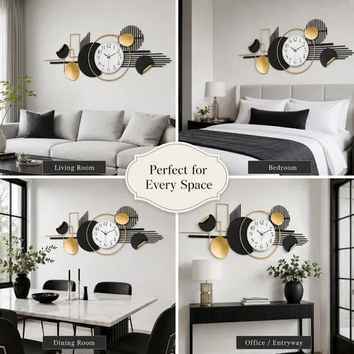 Miniatura 6 de WALL Arte de pared abstracto moderno de metal, círculos geométricos negros y dorados, decoración contemporánea del hogar, 59 x 24 pulgadas, arte