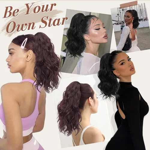 Miniatura 6 de BARSDAR Extensiones de cola de caballo con clip de garra, extensiones de cabello corto ondulado negro de 14 pulgadas para mujer, extensiones