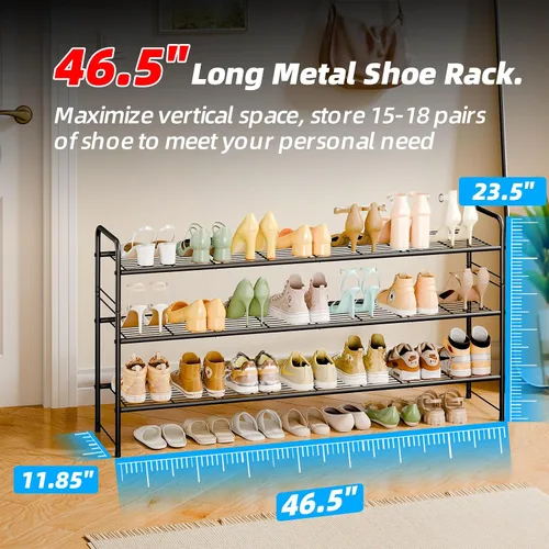 Miniatura 7 de Zapatero de 3 niveles para armario, organizador de almacenamiento de zapatos extra largo de 46.5 pulgadas para estantes, metal resistente, fácil