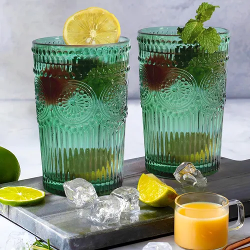 Miniatura 14 de Loivttvv Juego de 6 vasos de bebida vintage, vasos de Highball de 12 oz / 354.83 ml en ámbar, vasos de cristal acanalados con relieve para cóctel