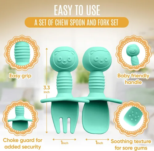 Miniatura 4 de HippoBaby Juego de 4 cucharas de silicona para bebé autoalimentación Utensilios para bebé 6-12 meses - 3 cucharas para bebé - 1 tenedor para bebé