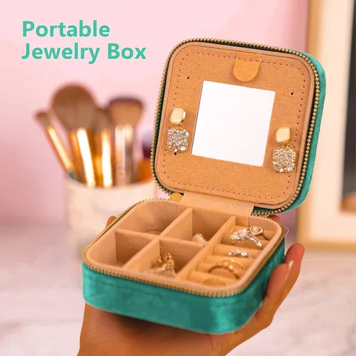 Miniatura 5 de FUNARTY Joyero de viaje organizador de joyas, regalos para mujeres, adolescentes, niñas, joyero pequeño de terciopelo de felpa, anillo collar