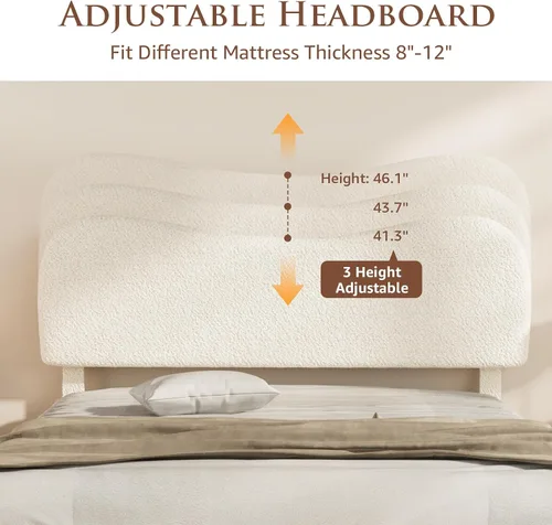 Miniatura 4 de Kelway Base de cama tamaño Queen Boucle tapizada con cabecera ajustable curvada, no necesita somier, color beige