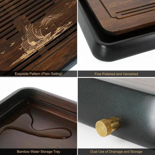 Miniatura 4 de Ufine Bandeja de té de gongfu de bambú de 15 pulgadas con drenaje de almacenamiento de agua Bandeja de servir de té chino Kung Fu Bandeja de mesa